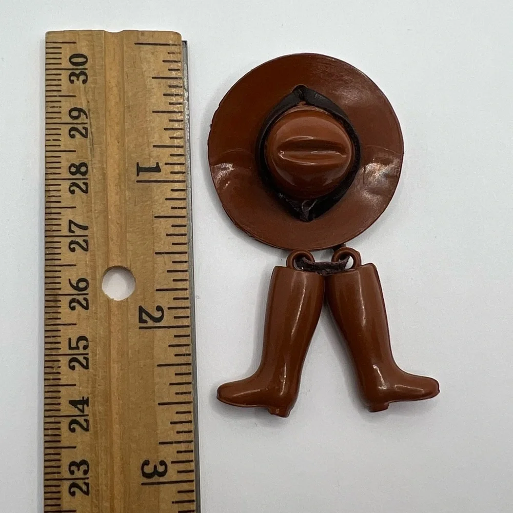 Vintage 1930s Celluloid Brown Cowboy Hat & Riding Boots Brooch Pin Plastic